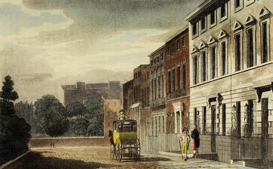 Berkeley Square, Mayfair, London, 1813. View with a coach and figures in the foreground. Heritage Images features heritage image collections. © The London Archives (City of London)/Heritage Images